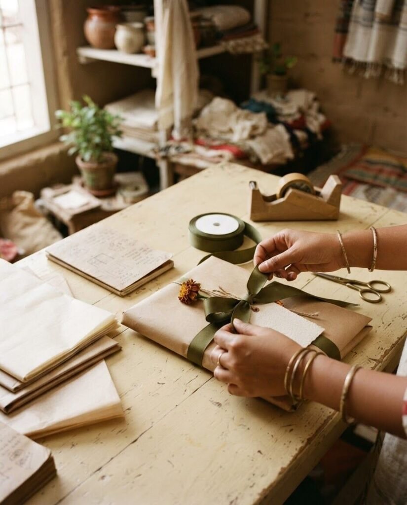 Hands tying an olive ribbon around a Uniqal Fashion parcel on a cream table