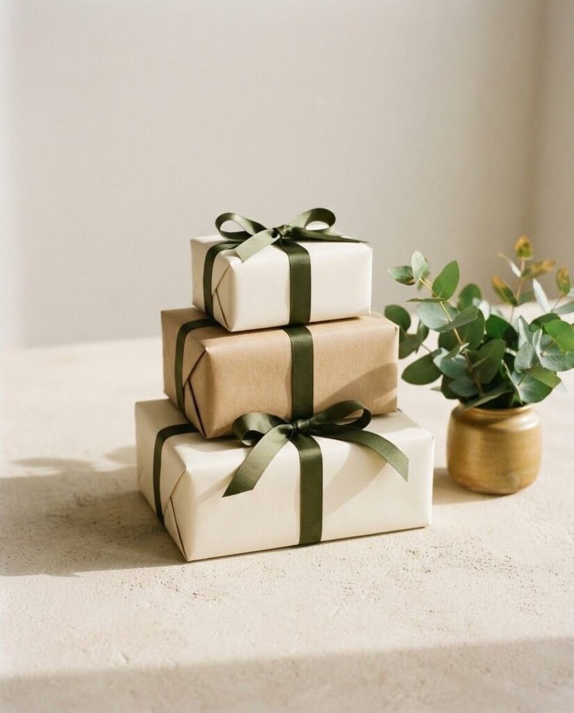 Stack of Uniqal Fashion parcels tied with olive ribbon beside a eucalyptus plant